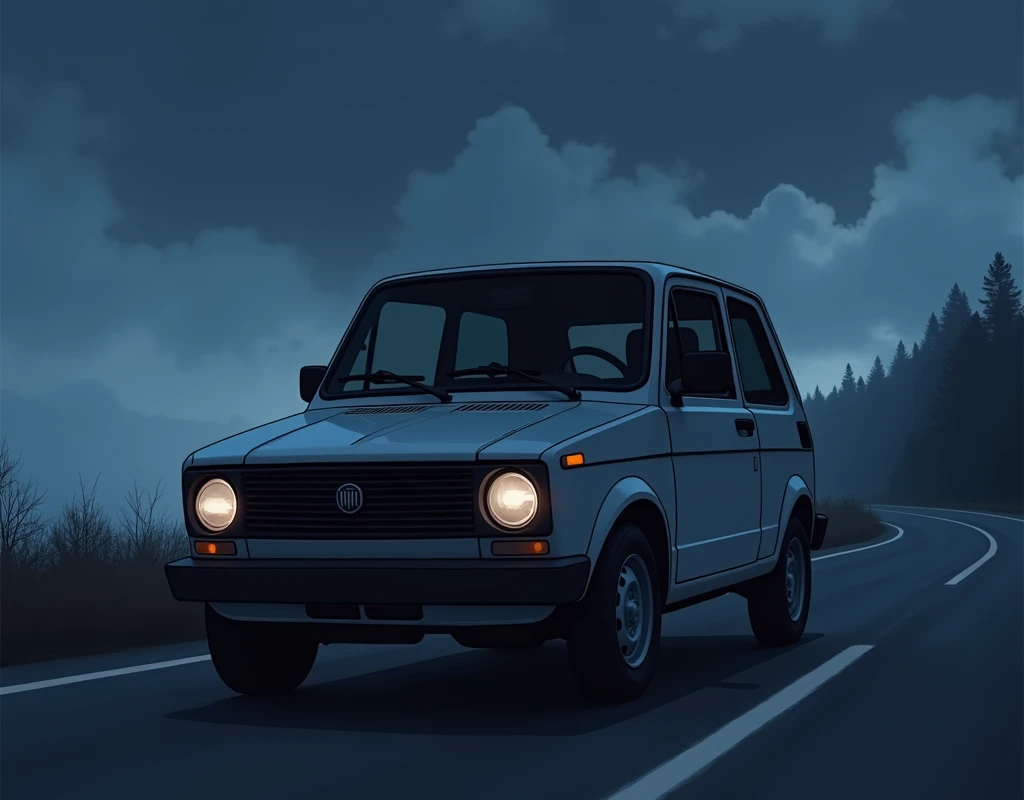 Fiat uno style car with black windows, night with cloudy sky on a road side view in Anime style