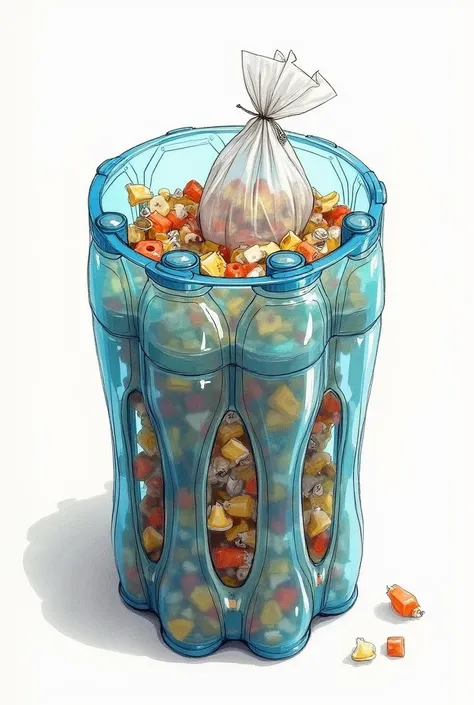 Make me a blueprint sketch for making a trash can from used plastic bottles filled with pieces of snack wrappers and other trash arranged in a circle with a plastic bag inside.