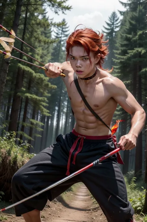 Boy, teenager, hair on fire, indigenous, bow and arrow, forest, Red eyes, Fire, Red hair,