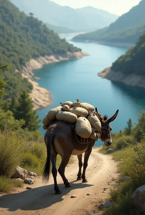 Many sacks on a donkeys back are passing by the road to the site of a large river 