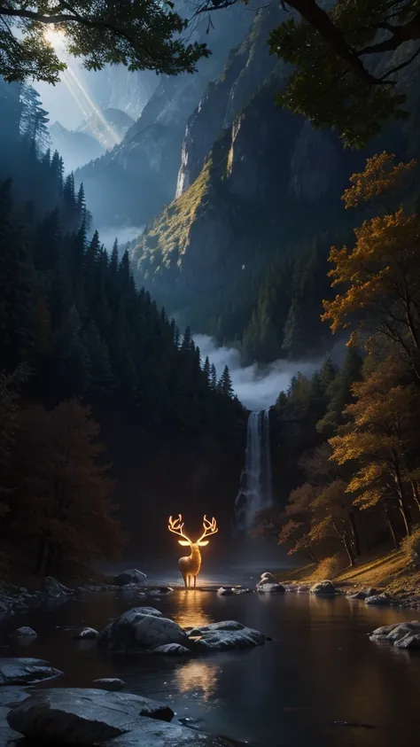 2. Scene 2: The Birth of the Gods
Prompt: A sacred mountain surrounded by mist, where the first gods of Japanese mythology are born. In the center, a radiant light shines down on a tranquil forest glade. A deer with golden antlers stands beside a crystal-c...