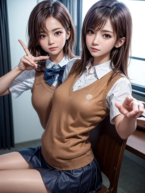 Masterpiece, Top Quality, Top Mikoto, brown eyes, short hair, small breasts, looking at viewer, alone, closed mouth, collared shirt, beige knit vest, dark blue  Skirt, school_uniform, shirt, white_shirt, classroom,Masterpiece, highest quality, 8K, detailed...