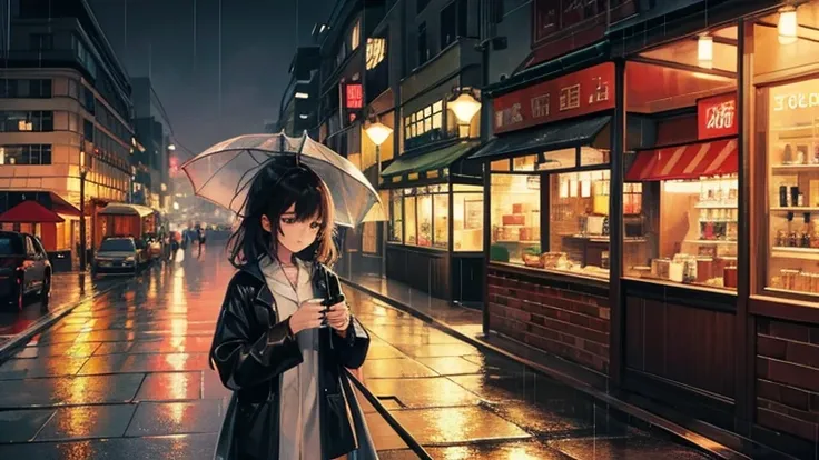 Under the eaves of a city cafe、Please draw a woman sheltering from the rain.。A woman closes her umbrella under the roof of a cafe、A scene of her watching the rain and holding a cup of coffee.。In the background、Wet cityscapes and reflective neon lights are ...