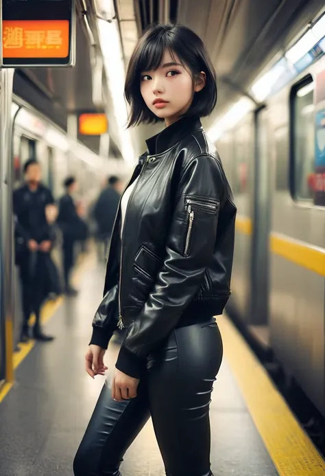 Girl with black short hair, Cool eyes, Cool fashion, wearing a black leather jacket and skinny pants, I close my eyes on the subway、Focus on the music