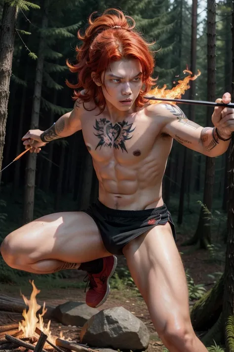 Boy, teenager, hair on fire, indigenous, bow and arrow, forest, Red eyes, Fire, Red hair, Body with tattoo, red eyes, hair on fire,