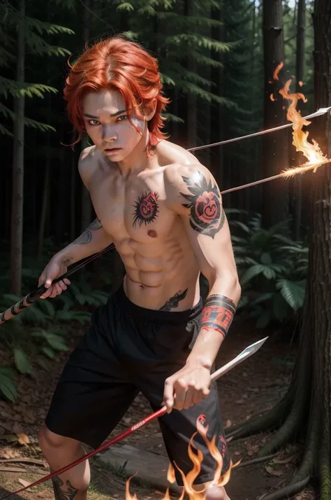 Boy, teenager, hair on fire, indigenous, bow and arrow, forest, Red eyes, Fire, Red hair, Body with tattoo, red eyes, hair on fire,