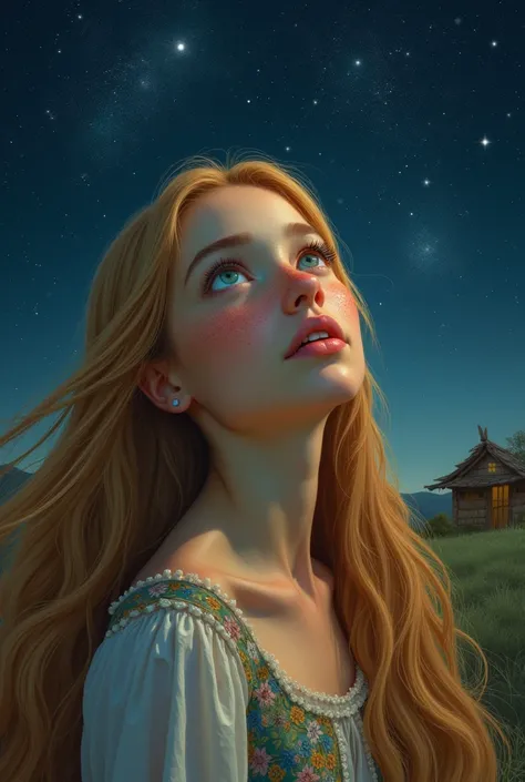 freckles,Rapunzel looking up at the starry night sky,There&#39;s a small hut at the back,