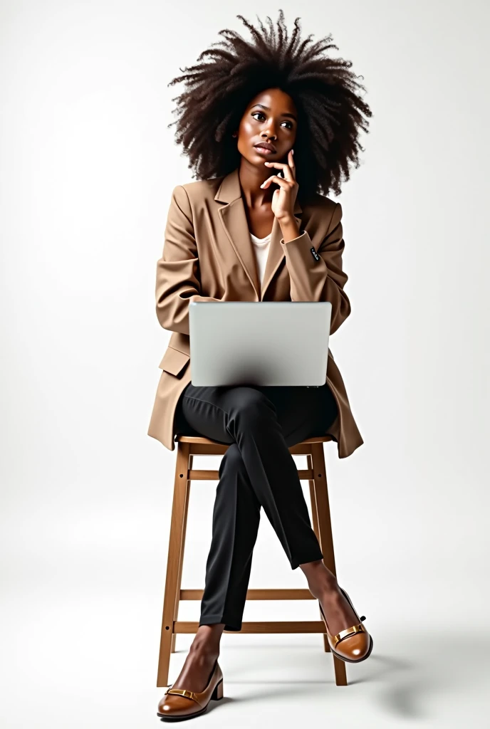 A black girl with curly hair a semi-professional outfit sitting on a stool with a laptop on her lap. She gazes thoughtfully to the upper left. The background is white, emphasizing her confident and contemplative pose