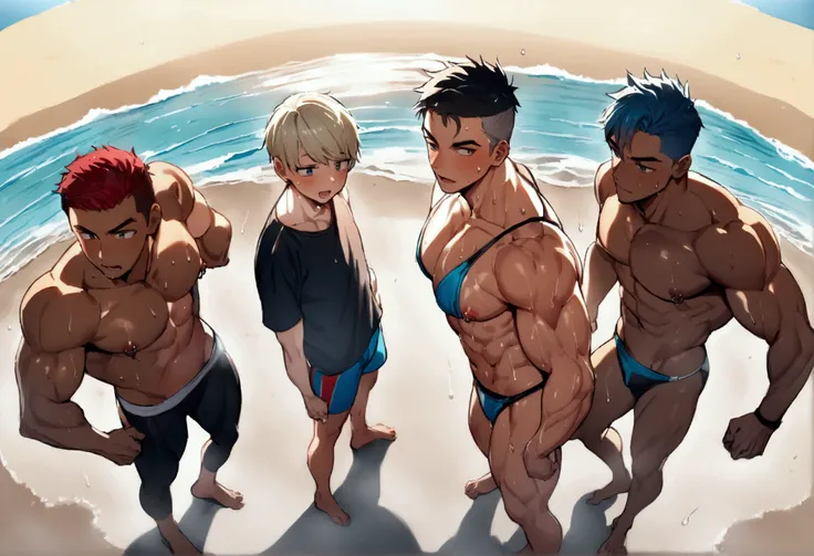 4boys、Highest quality、High resolution、Super detailed、perfect anatomy、(muscular male:1.3)、(father:0.2)、15yo、nipple piercing、gay、Blue Hair、Blonde、Black Hair、Gray Hair、Red hair、Short Hair、Sports haircut、short hair、Brown skin、(sweat:1.3)、steam、Beach、Wearing a ...