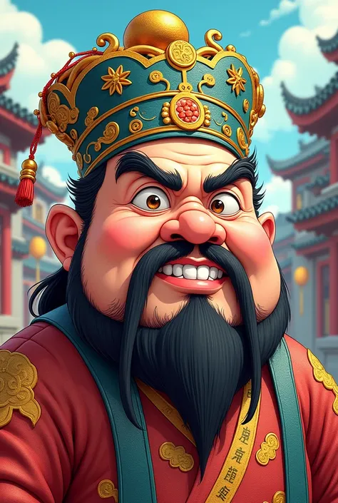 Draw a cartoon version of Zhong Kui with crayons，He should be wearing an official hat from the Song Dynasty，It has the meaning of attracting wealth and fortune