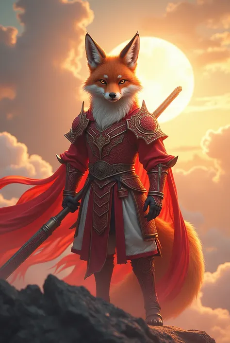 Fox with red and white armor and standing in sky with long weapon in sunlight