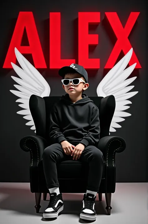 Create a 3d illusion for a Instagram profile picture where a boy in a black sits casually on a wingblack chair. Wearing sneakers, a black cricket cap, and sunglasses, he looks ahead. The background features Alex in big capital red fonts on the black wall. ...