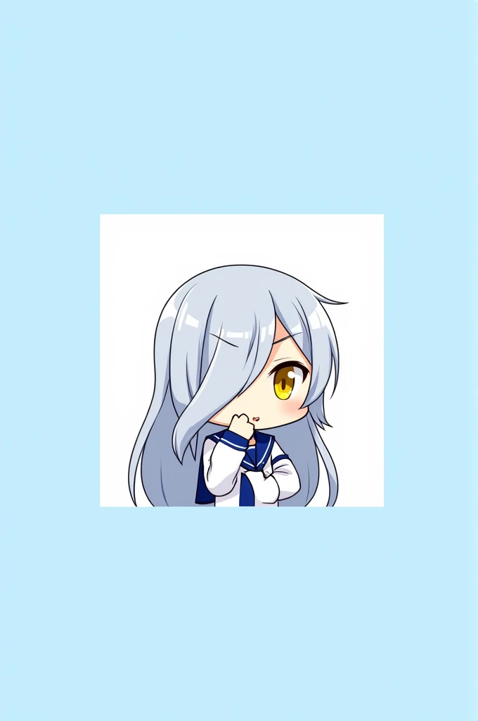 A female anime character with long silver-blue hair. She has yellow eyes and is dressed in a white and blue uniform.. The character is in a thoughtful pose, with the right hand on the chin and the left covering one eye. The image is framed in a blue square...