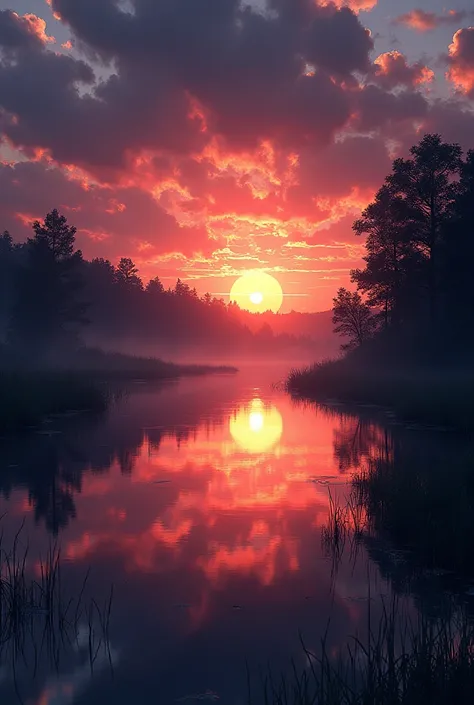 
### **Prompt:**
"Create a stunning, hyper-realistic landscape of a serene lakeside at sunset. The sky should be painted in deep, vivid hues of orange, red, and purple, with dark clouds partially obscuring the fading light. The reflection of the sunset sho...