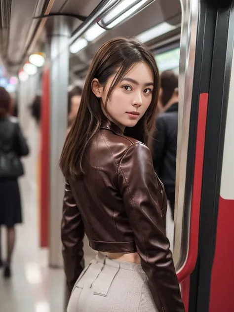 In 8K、RAW Photos、Highest quality、Realistic、Realistic、Professional Lighting、masterpiece、Very delicate and beautiful woman).A woman standing on an empty subway looking back at me, Wearing a knit and a long skirt. Theres no one else on board、Age 27. Has J-cup...