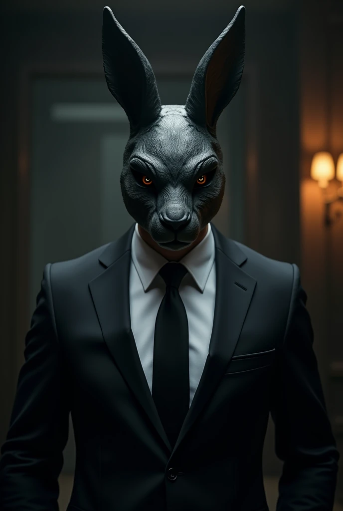 A man in a suit wearing a dark rabbit mask