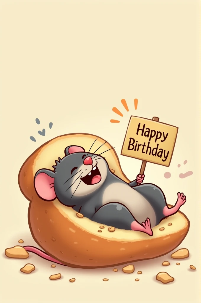 Create an image with a rat inside an open bread. In this bread the rat will be lying with its legs in the air and laughing according to a happy birthday poster.