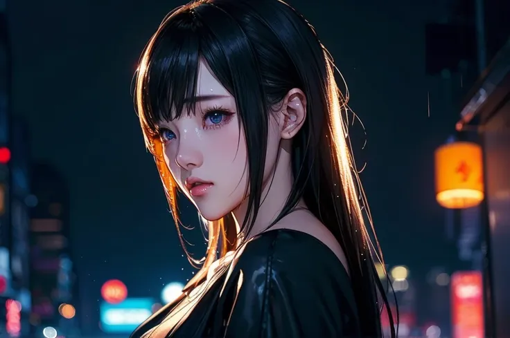 1 girl, black  dress, best illustrations, blue led light, high tech, ultra-high resolution, 32k, (detailed:1.4), cyberpunk city ...