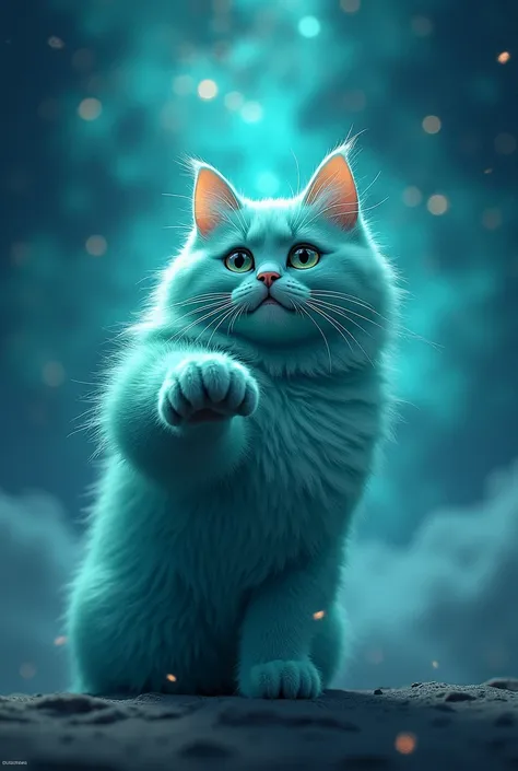 create a turquoise cat, realisitic, fluffly, he has his paw in front, leaning on the image, the paw is in front, zoom na pata, super realisitic, high realism,  the background is turquoise galaxy