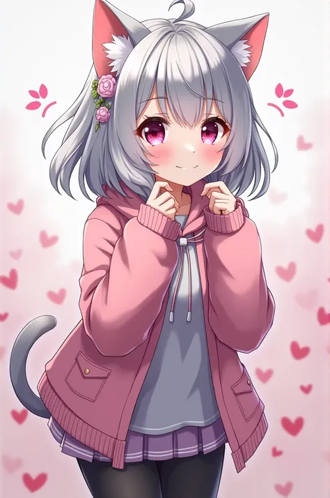 (masterpiece, Highest quality:1.5), (Super detailed, High resolution, 8k, Beautiful details, High resolution, Best Anatomy), Silver Hair, Cat ear、Pink Eyes,Medium chest, 1 cute girl, cardigan, skirt, leggings, looks fun
