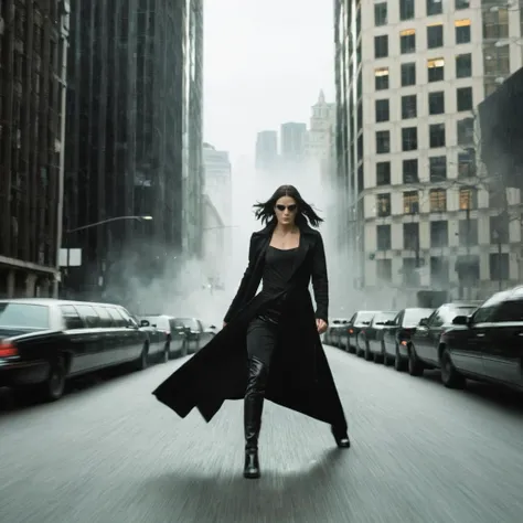 horror-themed,  neo, and morpheus toghether , solo, black hair, 1girl, weapon, male focus, blurry, building, city, motion blur, ...