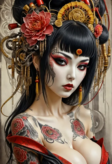 Stunningly gorgeous beautiful perfect hr giger inspired inspired tattooed sexy seductive lulu Geisha , perfect face, hyper detailed vibrant eyes, large breasts, full body view, nude, no color black and gray only,