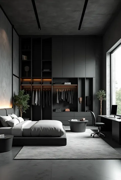 A large gray and black bedroom in the middle of the room, a double bed in the left corner, a closet with several modern clothes, a round zinc table, a pedestal in the right corner of the bed, in front of the bed, a television in the right corner, a window ...