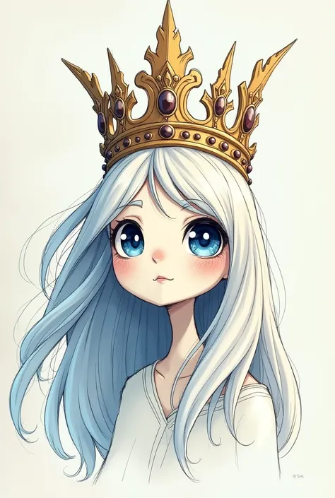 Create a character with a Roblox head, a crown, white hair, blue eyes and that looks like a hand-drawn drawing. 