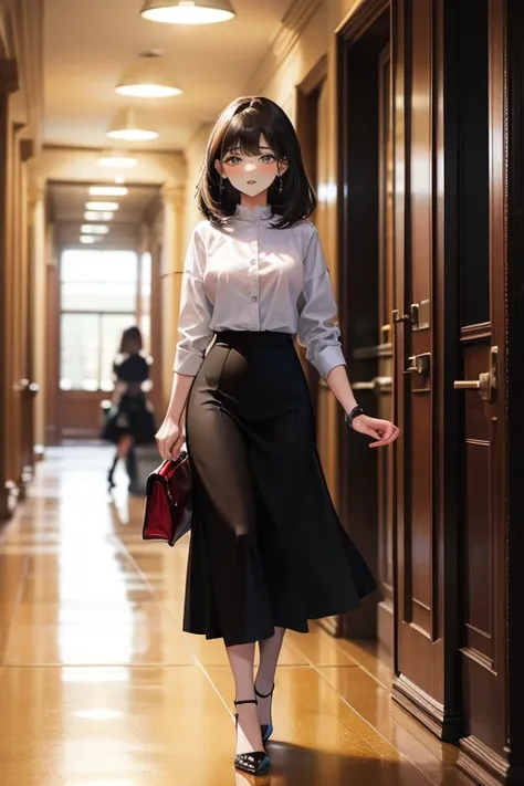 Top Quality, 1girl, full body,(Hollow skin), bright, blur background, (hair:1.5), long black hair, maxi green skirt, louboutin high heels ,superb, in office corridor, working secretary