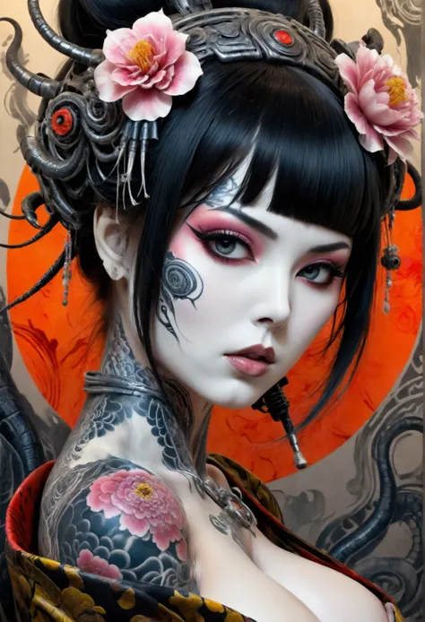 Stunningly gorgeous beautiful perfect hr giger inspired inspired tattooed sexy seductive lulu Geisha , perfect face, hyper detailed vibrant eyes, large breasts, full body view, nude, no color black and gray only,