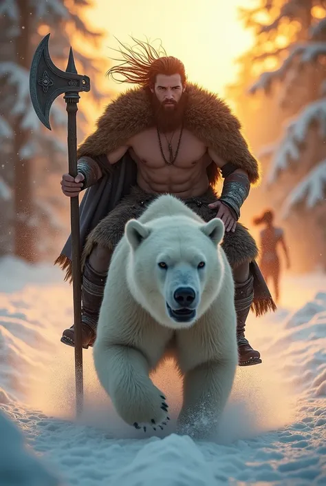 photorealistic of a half naked male Viking warrior with long hair wearing a brown bear fur cloak riding a huge polar bear, detailed face, beautiful woman, holding axe with one hand, charging forward, cowboy shot, snow storm, secluded background, snow fores...