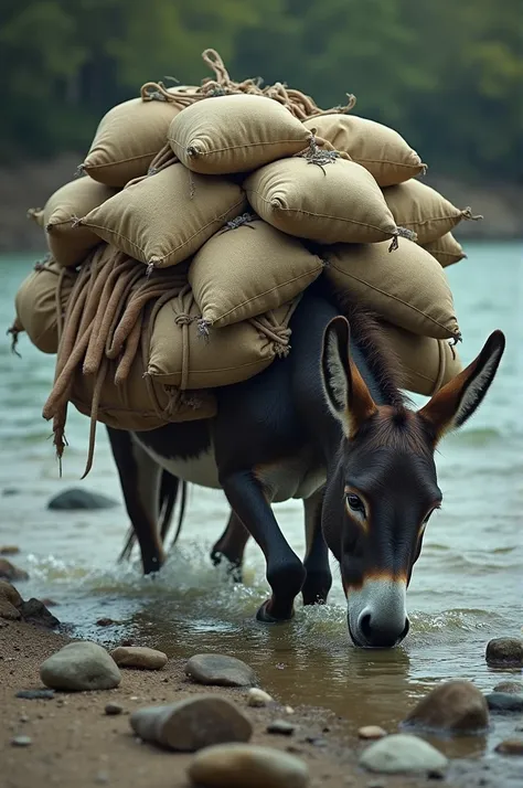 A donkey with many sacks on its back fell into the river while drinking water at the riverbed and drowned 