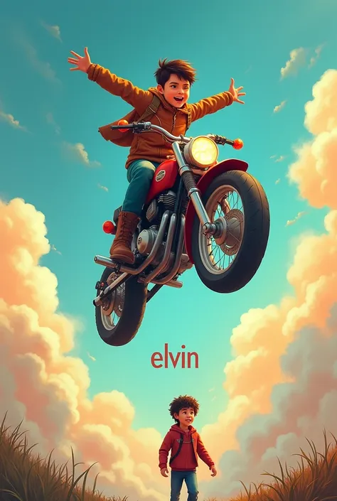 A boy riding a motorcycle above the underlined boy saying Elvin 
