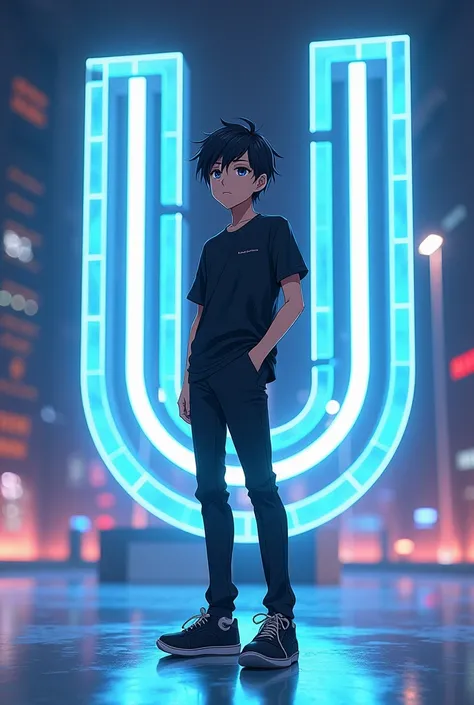 An anime boy in black shoes and clothes stand with 3d Letter U 