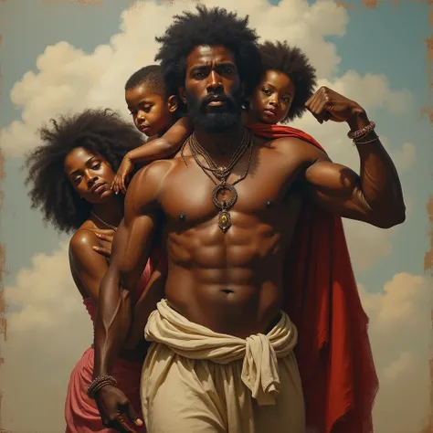 An classically inspired oil painting of an African American male with the world on his shoulders reminiscent of Atlas from Greek mythology, behind him are his black wife and children, conveying a sense of struggle, straining muscles, styles reminiscent of ...