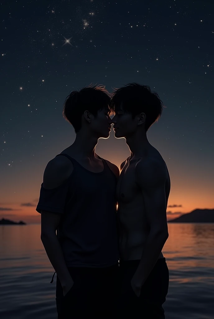 (photorealism:1.2), silhouette shadow of 2 nude handsome Asian  boy  hugging together with no clothes, standing on the night beach, wearing loose off-shoulder tops, short hair under the short cut, a night with a lot of star stars, soft lighting, dark sea, ...