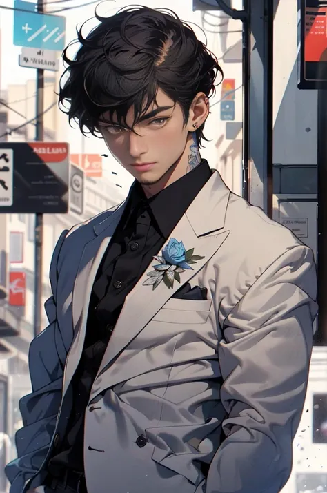 Realistic, (masterpiece, high quality, best quality, formal art), very detailed, colorful, most detailed, gods, short,, handsome man, black hair, brown eyes, business background, milky white skin.