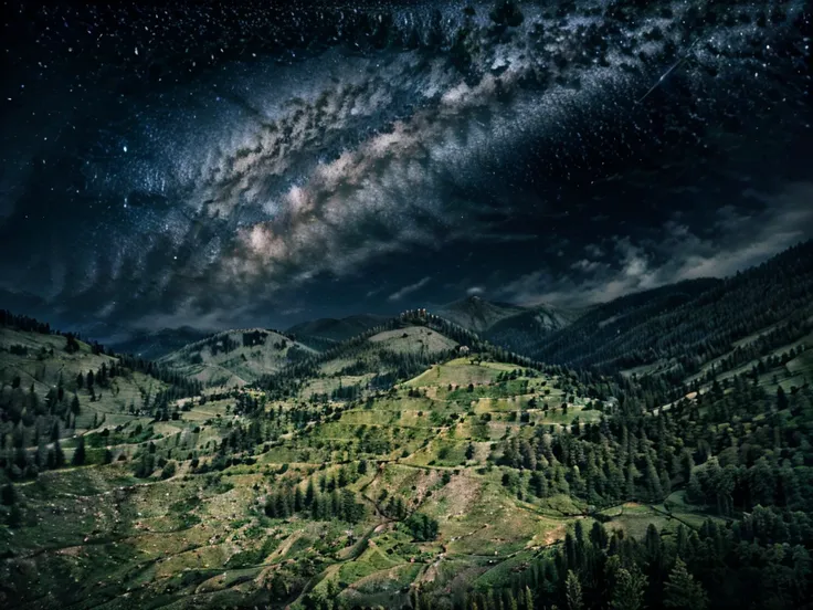 exuberant night view of hill to horizon, mountain chain, valley and river, epic starry sky, milky way