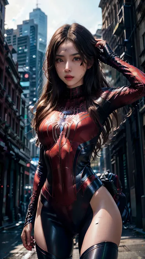 (wearing spiderwoman_cosplay_outfit:1.1), in front of a sky, 
good hand,4k, high-res, masterpiece, best quality, head:1.3,((hass...