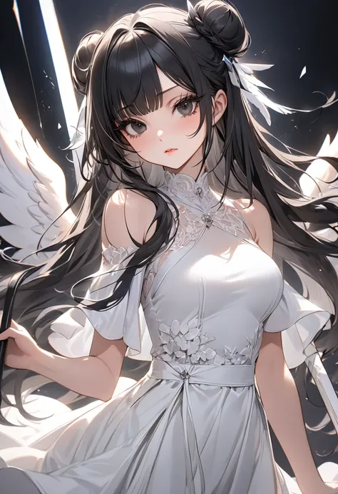 ((best quality)), ((Masterpiece)), (details), Young woman, (Medium bust, black hair, black eyes, ((long hair, buns)) ,(Bangs),Hip fart,Long eyelashes,Thick eyelashes)  , angel, ปีกangel, Halation , Elegant white dress, holding a weapon
