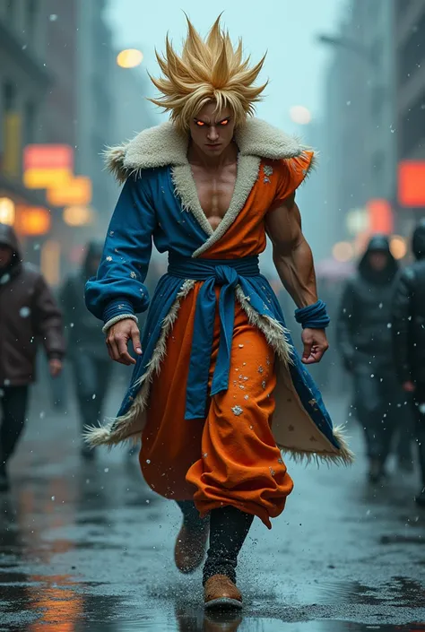 Rain, fragments splash Snowflakes, particles blender Cinematic Composition A realistic photoshoot of an Japanese male model cosplaying dragon ball classic Uniform blue orange white, hair style conceptual messy wind akira toriyama as from RAW photography tm...