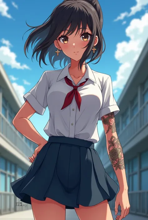 Anime tomboy girl in a school uniform with tanned skin. Good figure, has a tattoo on his arm, about 17-1. Wear cross earrings.