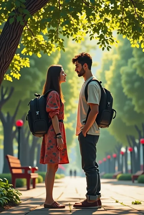 A realistic image of a meeting in a tree-lined square between a man (40 year old, Cao Cao, Scrawny, unshaven beard, with a travel backpack on the side) is a woman (3, Average height, Long dark hair, a little chubby). They are virtual lovers and are meeting...