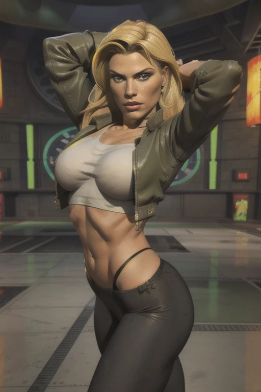 sonya blade, sonyablademka, 1girl, solo, blonde hair, jacket, black tight leggings, thong, boots, navel, midriff, portrait, cowb...