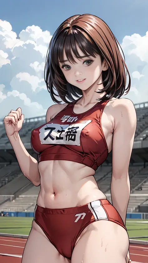  woman ,expensive,170cm、Athletics Stadium、 (smile、Sweaty)、Long Hair、They hesitate、anger,Sweaty body、Wet Hair,  Underarm, Mid-chest,Realistic nipples, Realistic butt crack, Veryshort hair , (expensive色彩彩度:1.0),  (Very detailed肌), (Highest quality:1.0), (Ult...