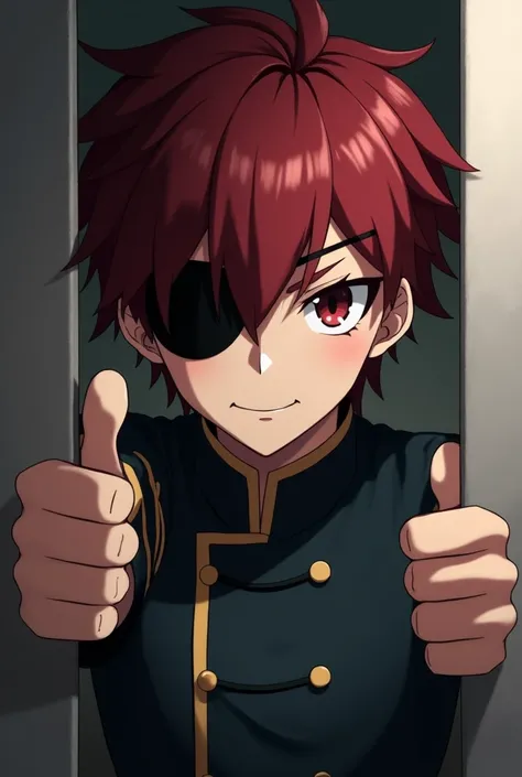 a boy,high school,handsome,dark eyepatch on right side,center part bangs,dark red hair color,short hair,double-edged eyelid,forced me against the wall,smart,wear Japanese gakuran and cheongsam t-shirt,smile