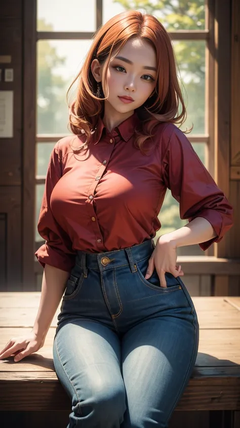 (best quality,4k,8k,highres,masterpiece:1.2),ultra-detailed, 1woman, Japanese woman, gyaru, five foot five inches tall, ginger colored hair, mole by her left eye, blue button up blouse, maroon jeans, large swollen breasts, wide hips, dancing around mid-wes...