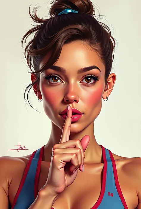 colourful drawing, very realistic of a woman of about 2, with Latin strokes, body similar to that of athlete Jutta Leerdam, short and stylish hair. Close-up of the face, we see her making a silence sign, with your finger in front of your mouth.