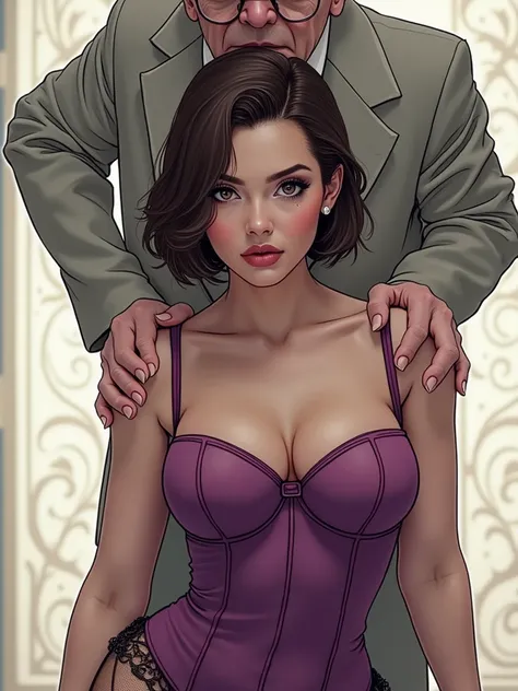 (One Ultimate Beautiful Mature Woman), the woman stands facing forward, One Old man patting her buttocks from behind, Very detailed face、Detailed lips、Detailed eyes、double eyelid、Short brunette hair, 、the woman has Big and ample breasts, the woman has Thic...