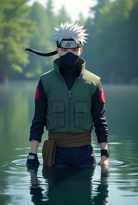 Kakashi Hatake, (in a lake), masterpiece, best quality, ultra quality, absurd details, best light, best shadow, sharp, sharp picture, detailed face, detailed eyes, detailed hair, detailed, extremely detailed, great resolution, 8k, 4k, uhd, ray tracing, bea...